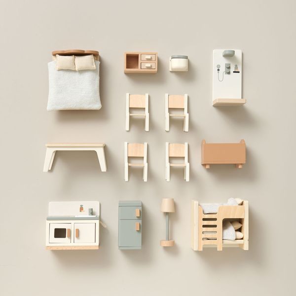 Puppenhaus Zubehör 14 Teiliges Set in Weiss und Pastellblau aus Holz campagne von Petite Amélie